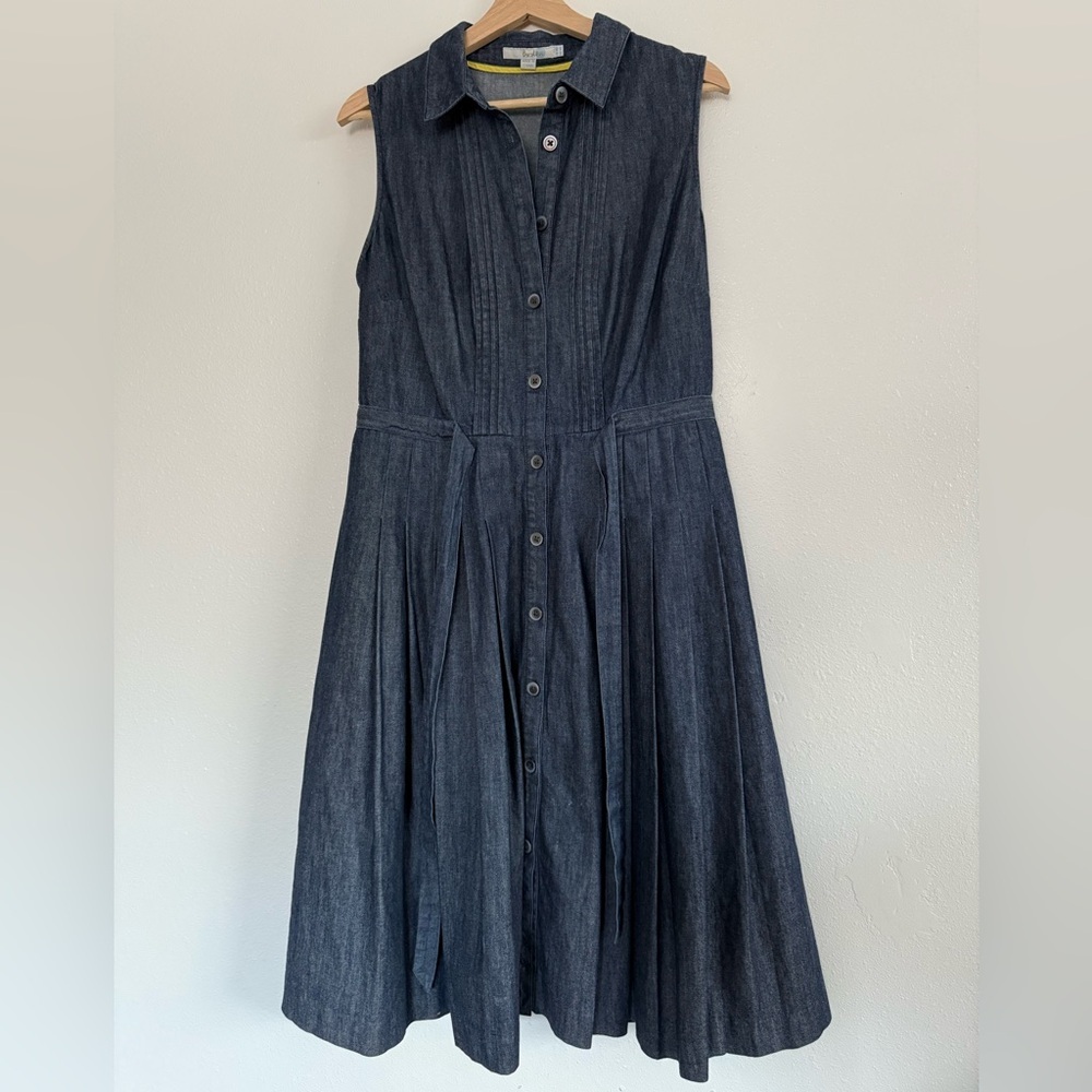 Boden denim dress Midi Pleated Button Down Dark Wash Belted sizes 14L NWOT - Picture 5 of 9